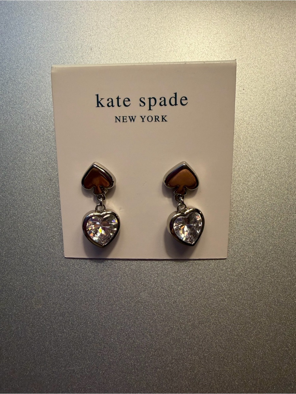 kate spade silver top with clear crystal heart drop earrings